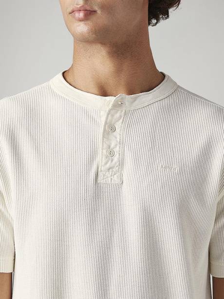 Men Self Design Henley Neck Cotton Blend White T-Shirt