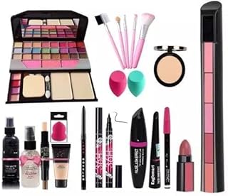 SHISHI Makeup Kit with 5 Pink Makeup Brushes, 3in1 Combo, 36H Eyeliner, Kajal, Compact, 5in1 Lipstick, Fixer, Primer, Contour, Foundation, 3 Makeup Pu