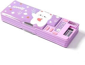 Multifunctional Pencil Box with Inbuilt Calculator and Sharpener, Dual Sided, Magnetic Closure, for Primary School Students (Purple Bear)