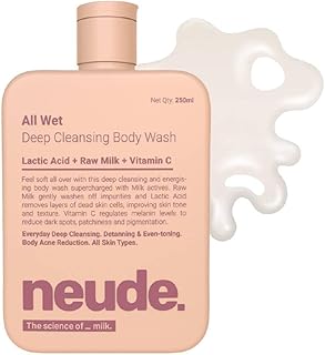 Neude All Wet 250ml De-Tan Body Wash with Milk, Lactic Acid, Vitamin C for Skin Brightening, Dark Spot & Pigmentation Reduction; Deep Cleansing Shower