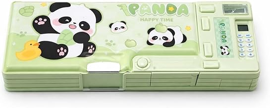 All-in-One Pencil Box for Kids | Calculator, Sharpener & Writing Pad | Large Capacity Magnetic Pencil Case for School Boys & Girls (Happy Panda Green)