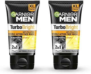 Garnier Men Turbo Bright Double Action Face Wash, Deep Cleansing Anti Pollution Face Wash with Charcoal and Vitamin C, Suitable for all Skin Types, 15