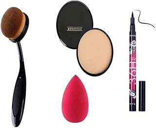 Ovking Most Beautiful Trending Compact, Waterproof Eyeliner, Foundation Flat brush with Beauty sponge puff