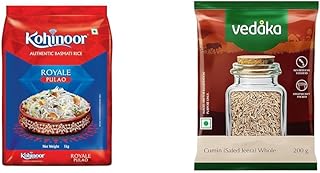 Kohinoor Pulao Basmati Rice, 1 kg | Long-Grain Basmati (Cooked grain up to 18 mm) || Amazon Brand - Vedaka Whole Jeera (Cumin), 200g || Amazon Brand -