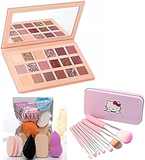 Cazo Nude Eye Shadow Palette 18 Shade in 1 Kit 7 Pc Makeup Brush & Family Pack Sponges blender combo (3 Items in the set), Shimmery & Matte Finish