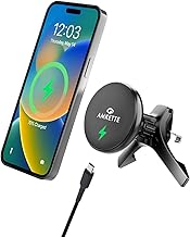 Amkette iGrip Car Wireless Charger with Ultra Stable Air Vent, Hook & Clamp Design, 15W MagSafe Compatible, Magnetic Mobile Holder for Car | MagSafe R