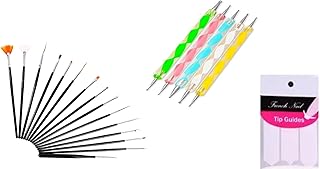 Nail Art Combo 15pc Nail Brush Set,5pc Nail Pen Set And A French Manicure Nail Art Tip Sticker (Black Silver)