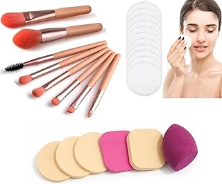 Makeup Brush Set with Beauty Blender Sponges & 10 Cotton Pads – Complete Face Makeup Tools Kit for Foundation, Powder, Blush & Concealer, Soft Cosmeti