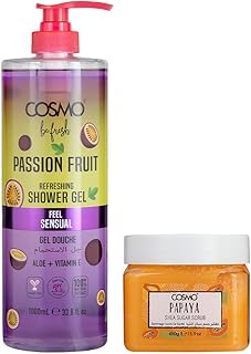 Cosmo Skin Care Be Fresh Passion Fruit Refreshing Shower Gel 1000ml & Papaya Shea Sugar Scrub 450g Combo | Body Wash With Aloe & Vitamin E | Deep Exfo