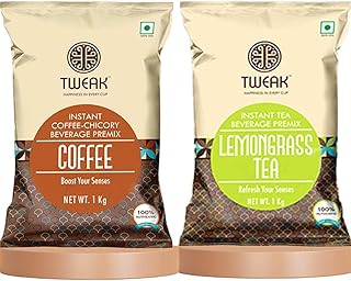 Tweak Instant Lemongrass Tea Premix + Coffee Premix 1kg Each (Make 60 Cup of 100ml) | Premium Blend & Rich Aromatic Coffee & Lemongrass Tea Premix Per
