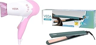 Vega Salon Smooth Hair Straightener for Women with Ceramic Coated PlatesGreen & VEGA Insta Glam Foldable 1000 Watts Hair Dryer With 2 Heat & Speed Set
