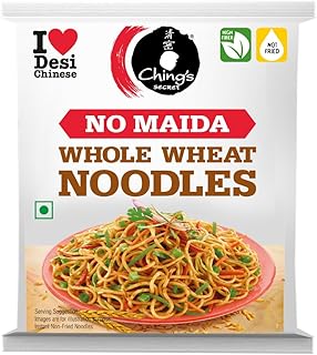 Ching’s Secret Whole Wheat Noodles 280g, No Maida, Air Dried/Not Fried, No Palm Oil, No MSG, High Fiber Atta Noodles (Serves 4)