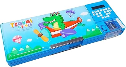 PARTEET Dinosaur Dual Side Magnetic Lock Pencil Case with Double Sharpener & Calculator|Geometry Box for Students, Pen & Pencil Holder|Stationery Set