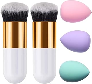 Premium Makeup Brush and Sponge Set – 2 Foundation Kabuki Brushes + 3 Beauty Blender Puffs – Flat Top Brush and Puff Combo for Liquid, Cream, and Powd