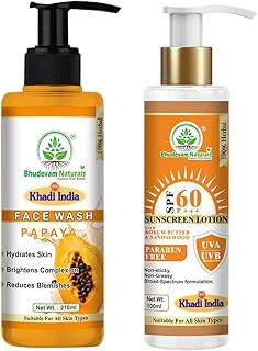 Khadi Sunscreen SPF 60 PA+++ with Papaya Face Wash Combo for Glowing Skin By Bhudevam Naturals | UV Protection Sun Cream + Brightening Papaya Cleanser