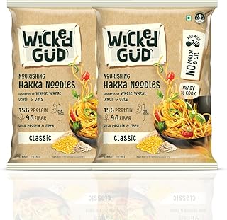 WickedGud Hakka Noodles, Pack of (200gm x 2) | Whole Wheat | Lentils | Oats | No Maida | No Oil | No MSG | High Protein | High Fibre | Cholesterol Fre