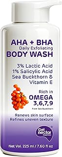 Get Nectar Happiness Korean Glow Essence AHA-BHA Body Wash | 4% Actives (3% Lactic Acid + 1% Salicylic Acid) | Omega 3,6,7,9 | Exfoliating Body Wash f
