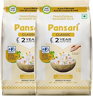 Pansari Classic Traditional Basmati Rice | 2 Year Aged Premium Long Grain Rice | Naturally Aromatic, Non-Sticky & Slender Texture | Fortified with Iro