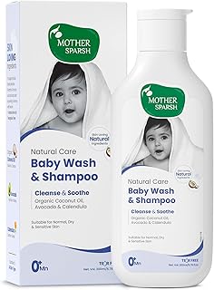 Mother Sparsh Natural Care Baby Wash & Shampoo-200ml | Baby Head to Toe Wash | Tear Free Formula With Organic Coconut Oil, Calendula & Avocado | Suita
