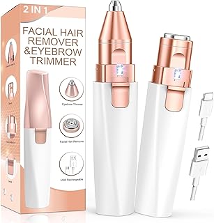 Painless 2 in 1 Rechargeable hair removal trimmer for women with Replaceable Heads, upper lip hair remover for women Eyebrow Razor face trimmer (Beige