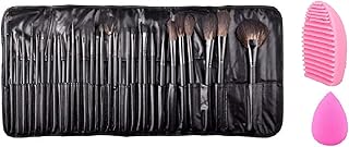 Natural or Synthetic Bristle Leather Pouch Makeup Brush Set and Sponge Puff, Brush Cleaner- Black, 32-Pieces