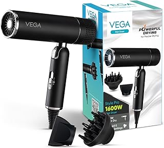 Vega Style Pro 1600W Foldable Hair Dryer with 2X Faster Drying, 3 Heat and 2 Speed Settings, Concentrator Nozzle & Diffuser, Hair Dryer for Men and Wo
