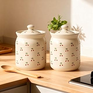 Cherry Printed Ceramic Handglazed Pickle Jars Set of 2-1000 ML Each | 1 kg Achaar Martban Barni Jar with Lid | Ceramic Storage Jar Container Pickle/Ac