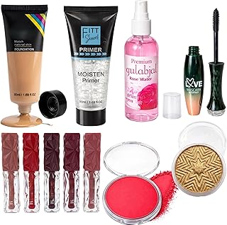 Professional 12-Piece Full Face Makeup & Skincare Combo – includes Liquid Foundation, Moisten Primer, Premium Gulabjal (Rose Water), 5 Matte Liquid Li