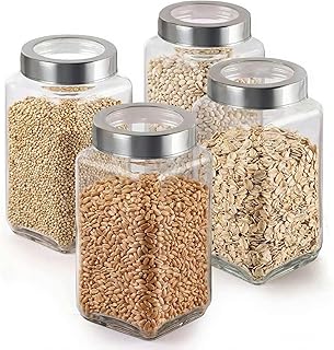 JEXE Glass Jars for Kitchen (Set of 4) 1000ml 1kg – Airtight Square Glass Storage Containers | Pantry Organizer for Rice, Pulses, Pickles, Snacks, Tea