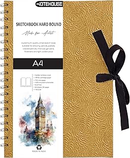 A4 Sketchbook Hard Bound Made For Artist 140 gsm Art Notebook (30x21 cm) | 80 White Unruled Pages | Thick Smooth Drawing Paper | Golden Hard Cover