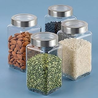 JEXE Glass Jars 1000ml (Set of 4) | 1kg Airtight Square Kitchen Storage Containers – For Dry Fruits, Spices, Masala, Pickle, Rice, Dal, Flour, Tea Cof