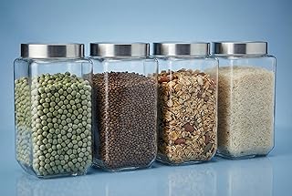 JEXE Glass Jars 1kg (Set of 4) 1000ml – Square Airtight Kitchen Glass Storage Containers | Designed for Masala, Pickles, Tea Coffee, Rice, Dal, Snacks