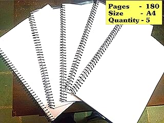 Surbhi SPIRAL NOTEBOOK | malty use ragstert A4 size 900 Pages (180 pages each) UNRULED Set of 5 notebook WHITE BLANK 5 wire bound booklet | Soft Cover