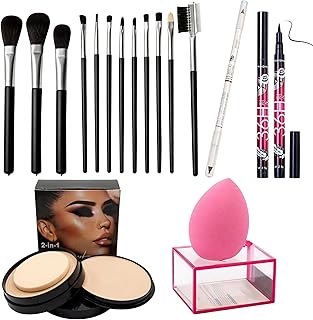 Professional 17-Piece Makeup Combo – Includes 12-Piece Premium Face & Eye Brush Set, 2-in-1 Silk-Finish Matte Compact Powder, 36H Waterproof Eyeliner,