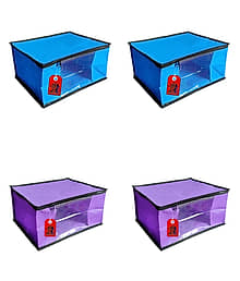 ADWITIYA ? Set of 4 ? Black Border Nonwoven Large Saree Cover / Organizer For Clothes / Garment Storage Bag With Zip - Blue & Purple