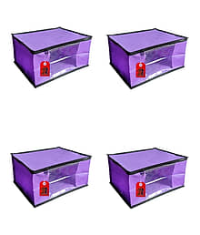 ADWITIYA ? Set of 4 ? Black Border Nonwoven Large Saree Cover / Organizer For Clothes / Garment Storage Bag With Zip - Purple