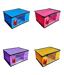 ADWITIYA ? Set of 4 ? Black Border Nonwoven Large Saree Cover / Organizer For Clothes / Garment Storage Bag With Zip - Blue Pink Purple & Yellow