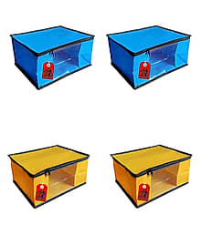 ADWITIYA ? Set of 4 ? Black Border Nonwoven Large Saree Cover / Organizer For Clothes / Garment Storage Bag With Zip - Blue & Yellow