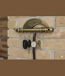 Antique Brass Peacock Feather Design Wall Mounted Key Holder with 6 Hooks