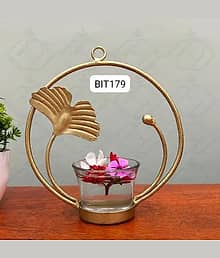 BALAJI INC. Metal Ginko Leaf T light Holder Decorative Hanging Showpiece Elegant Gold Metal Tealight Candle Holder with Decorative Flower Design