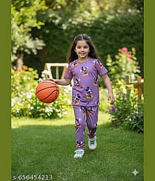 Bazaar Bay Pack of 1 Girls Cotton Blend T-shirt & Pyjama ( Purple )