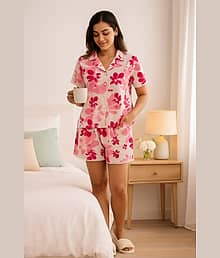 Bitterlime Cotton Printed Women Shirt with Shorts ( Pink )