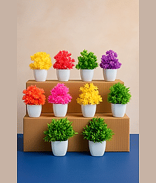 EverBloom (Pack of 10) Bonsai Wild Artificial Plant with Pot (14 cm, Green, Yellow, Purple, Pink, Red, Orange)