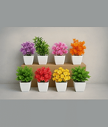 EverBloom (Pack of 8) Bonsai Wild Artificial Plant with Pots (14 cm, Green, Yellow, Purple, Pink, Red, Orange)