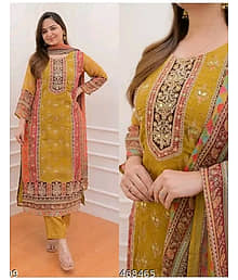 GORASIYA Women Rayon Embroidered Straight Kurti With Pants ( Yellow )