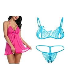 Galsia Pink Net Women Baby Doll Dress With Panty