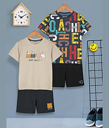 HELLCAT Boys Dress Clothing Set Combo with Tshirts & Shorts - Pack 2 Beige_Black