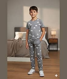 Heticlex Pack of 1 Boys Cotton Blend Nightsuit Set ( Grey )