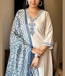 Jivandhara Women Cotton Embroidered Straight Kurti With Pants ( White )