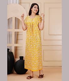 K.D.PRINTS White,Yellow Cotton Women's Nightwear Nighty & Night Gowns ( Pack of 1 )